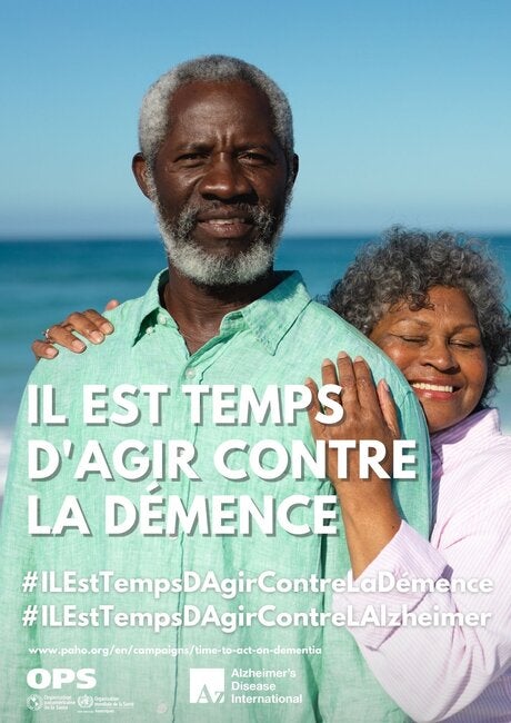Affiche d'un couple d'origine africaine, où la femme embrasse l'homme de dos.