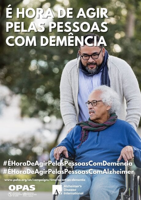 Cartaz de um homem empurrando uma cadeira de rodas na qual um homem idoso está sentado.