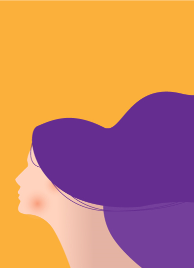 Ilustración de un perfil de la cabeza de una mujer con el pelo morado, mirando hacia la izquierda