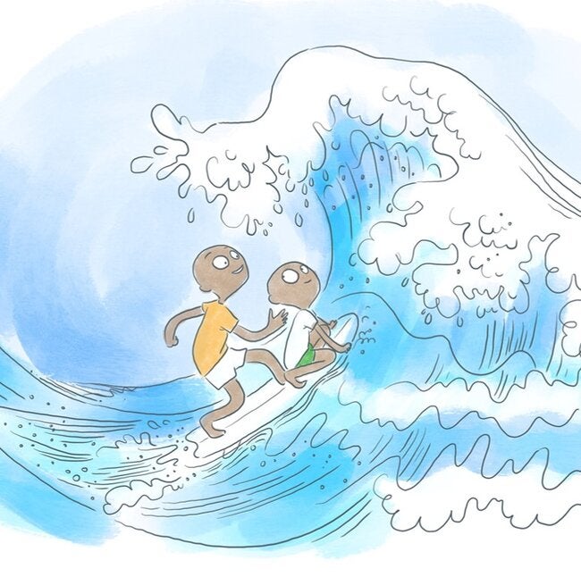 Two figures surfing a wave, one of them with a confidant expression, is guiding the surf board. 