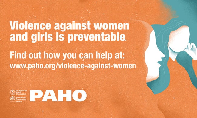 silhouette of two women, with orange background and the text violence against women and girls can be prevented