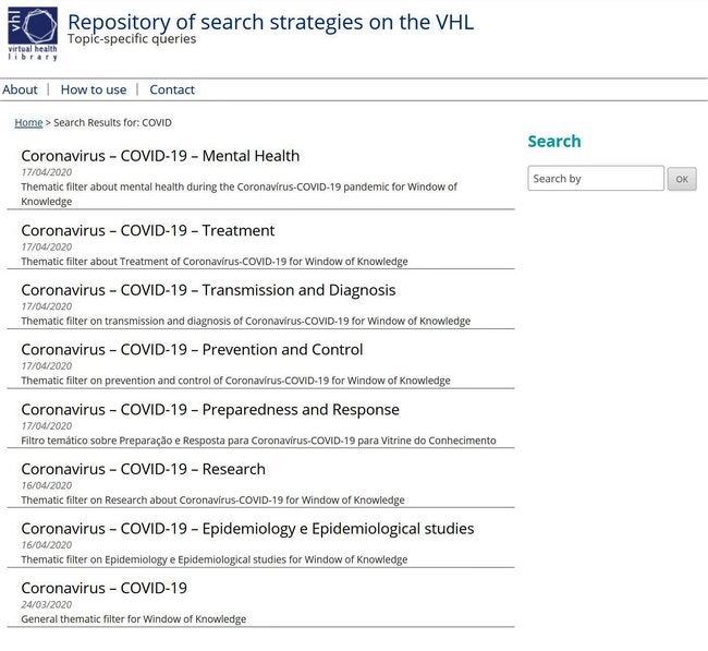 Screenshot: Repository of Search Strategies on the VHL