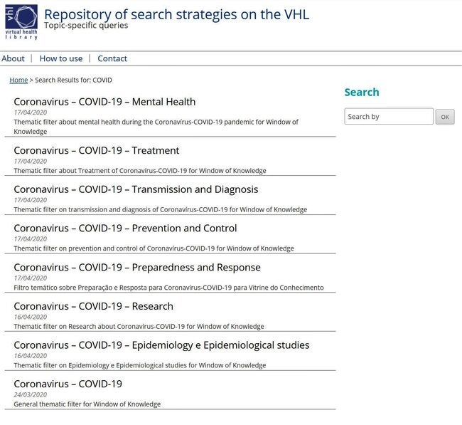 Screenshot: Repository of Search Strategies on the VHL