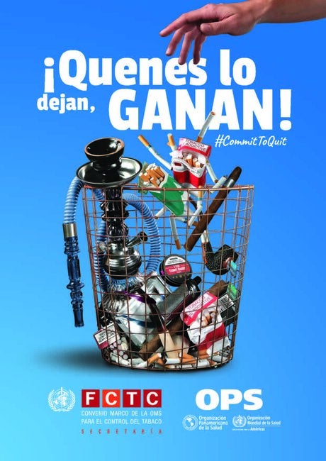 Ilustración de una mano arrojando productos de tabaco a una papelera, bajo el lema "Quienes lo dejan, ganan!