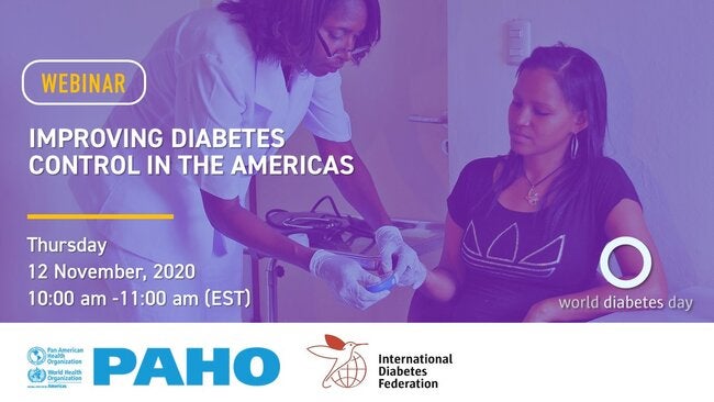Photo of a nurse and a diabetes patient on a consultory, the image is covered by a purple layer. On the left, the title of the webinar and date and time