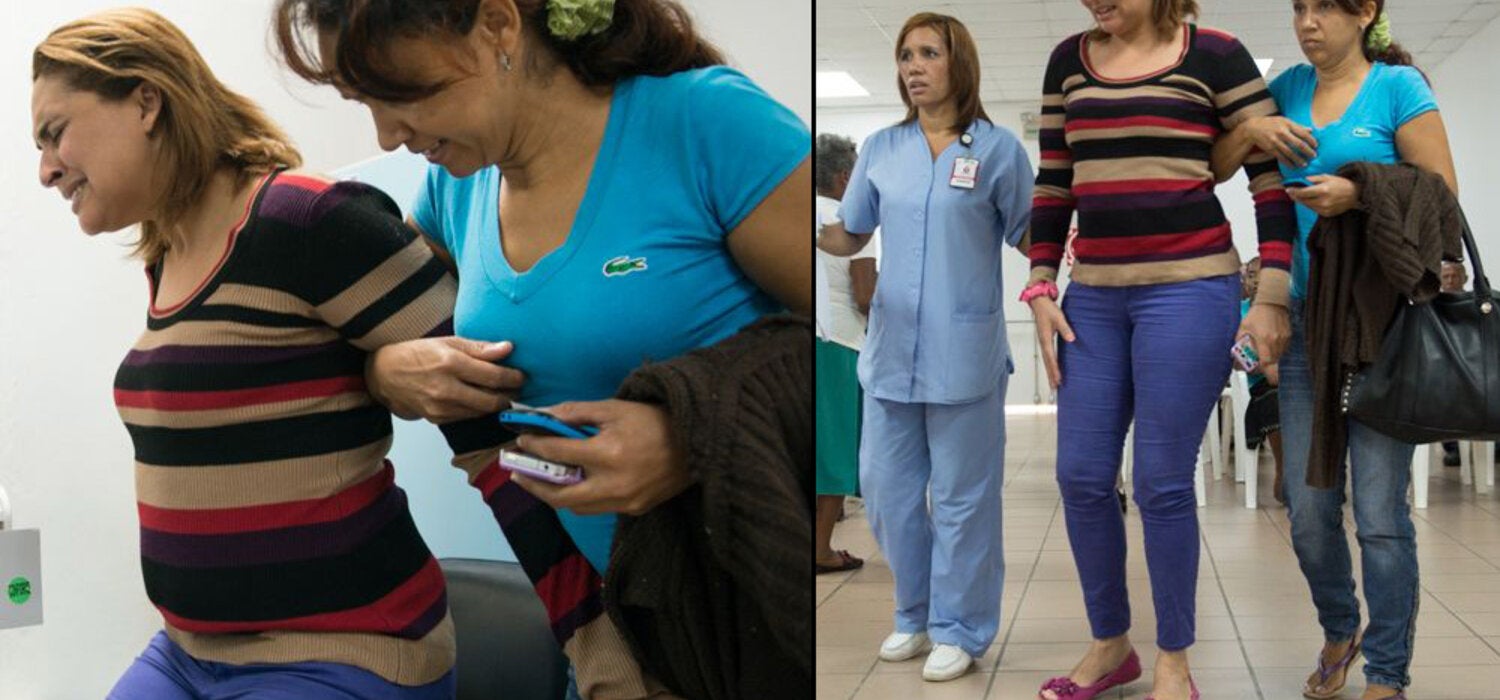 Una mujer llega a un centro de salud encorvada y con dificultades para caminar debido a los dolores en la espalda y en las articulaciones provocados por el virus chikungunya. El periodo de incubación de la enfermedad es, generalmente, entre tres y siete días luego de la picadura de un mosquito infectado.