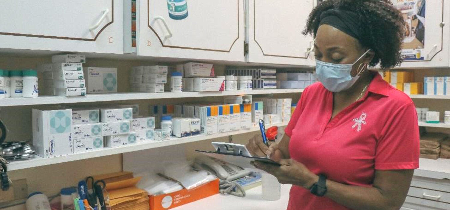 Inventory of pharmaceuticals at a pharmacy, Fleming Street Clinic, October 2021.  PAHO/WHO Paulterra Johnson