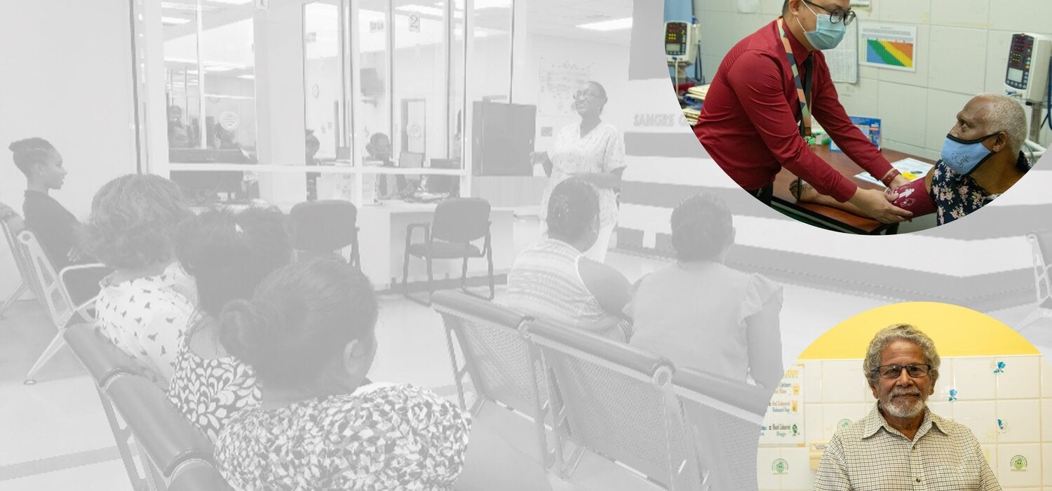 Collage of images of patients waiting on a heath center, a doctor checking blood pressure and a smiling paitent