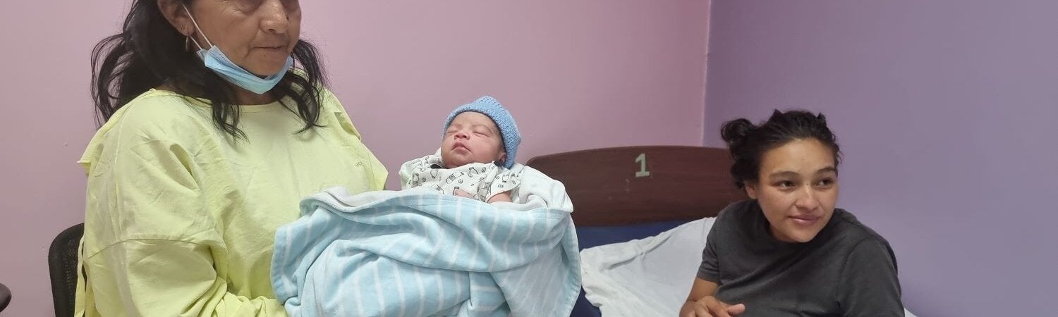 abuela feliz visitando a su nieta y nuera hnd