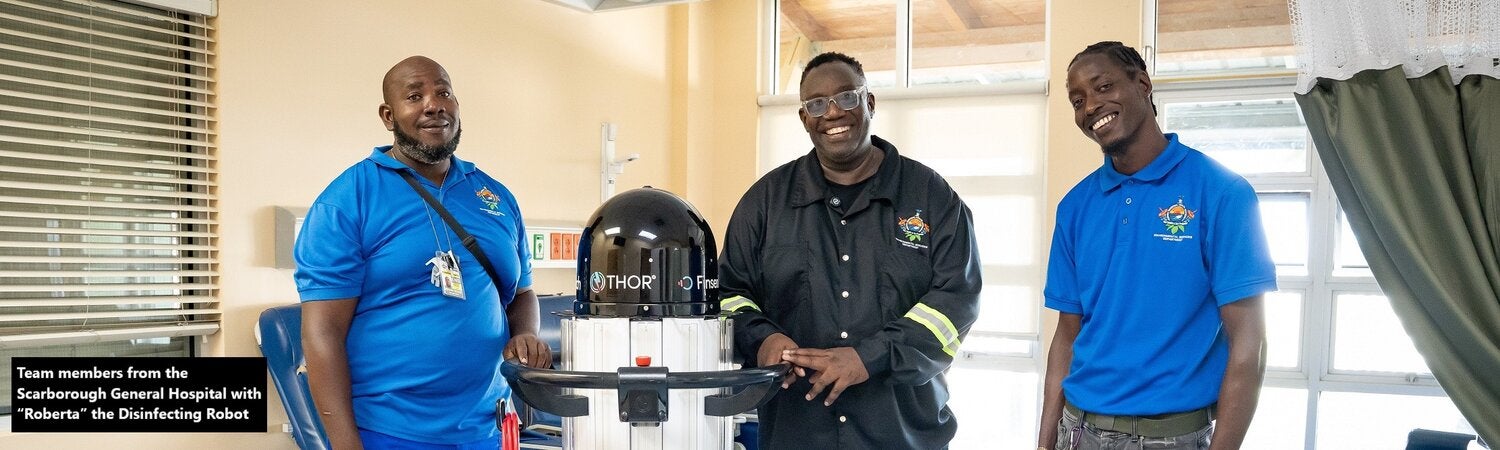 Team members from the Scarborough General Hospital with “Roberta” the Disinfecting Robot