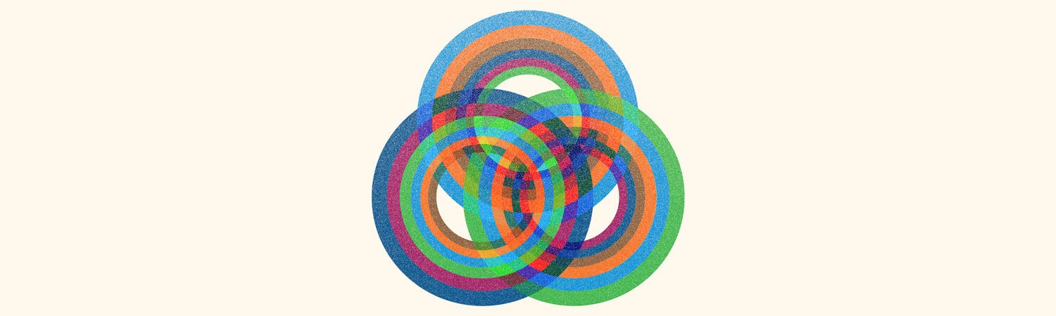 The image features a geometric, abstract design composed of three large, overlapping circles arranged in a triangular formation. Each circle contains multiple concentric rings in vibrant colors such as blue, green, orange, purple, and red.